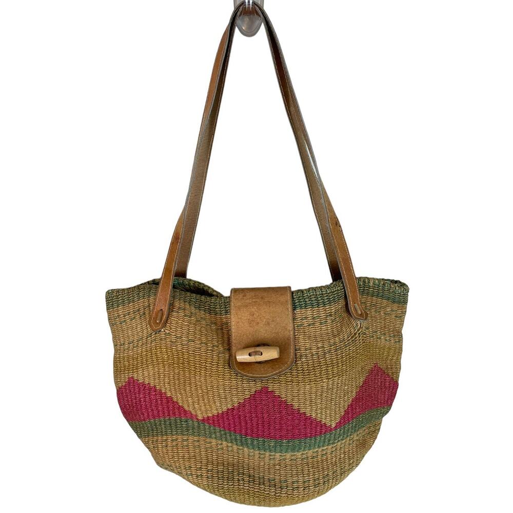 Woven Straw Tote Bag with Leather Trim in Brown and Pink